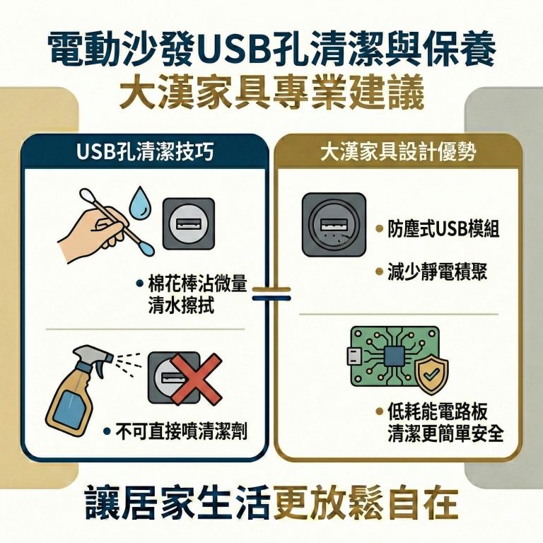 電動沙發USB孔周圍容易卡灰，大漢家具建議可以用棉花棒沾微量清水擦拭即可