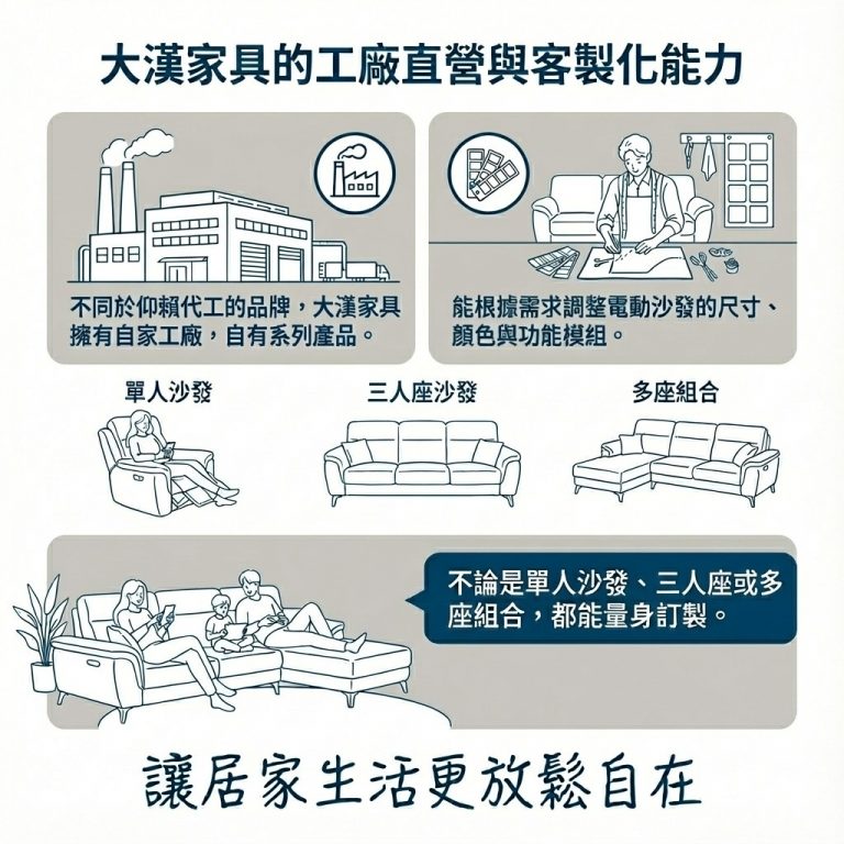 大漢家具擁有自有工廠，自有品牌系列的電動沙發均可依需求量身打造