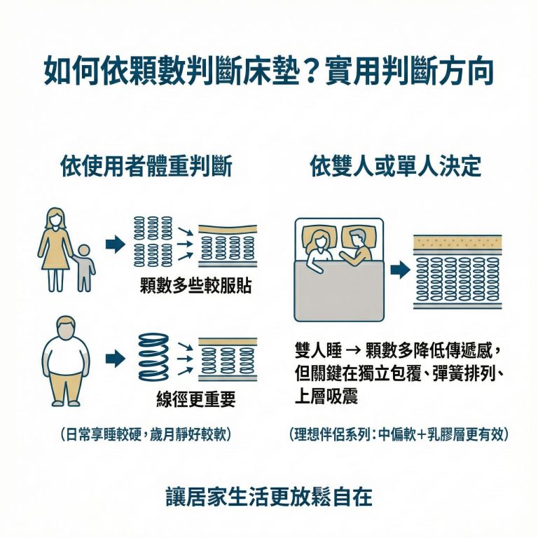 獨立筒顆數可以依使用者體重、單人或雙人床墊來判斷需要的數量，但還是須將線徑及整體配置納入一起評估