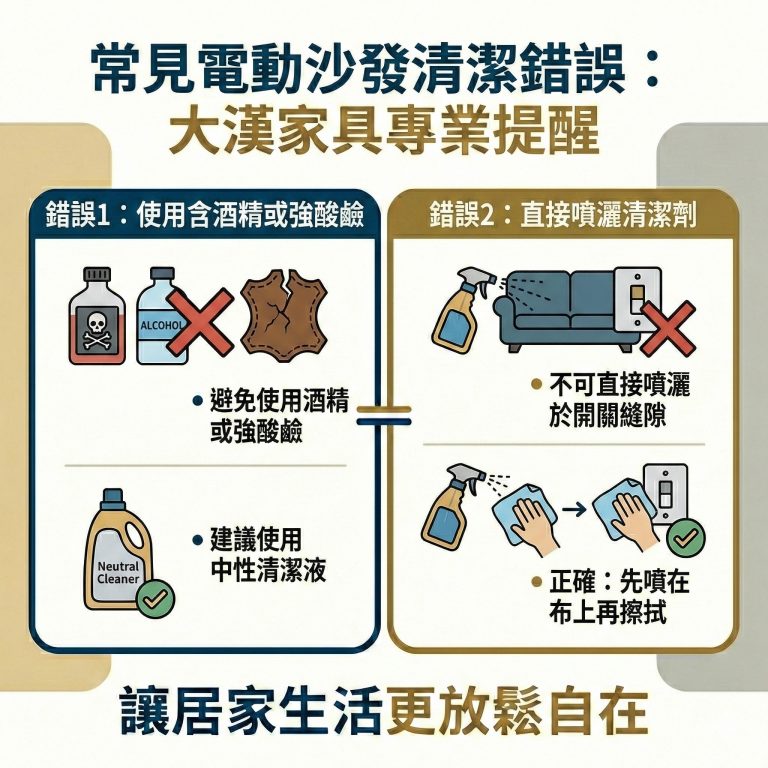 這是一般人常犯的電動沙發清潔錯誤，如果有清潔上的疑問，也可以詢問大漢家具客服