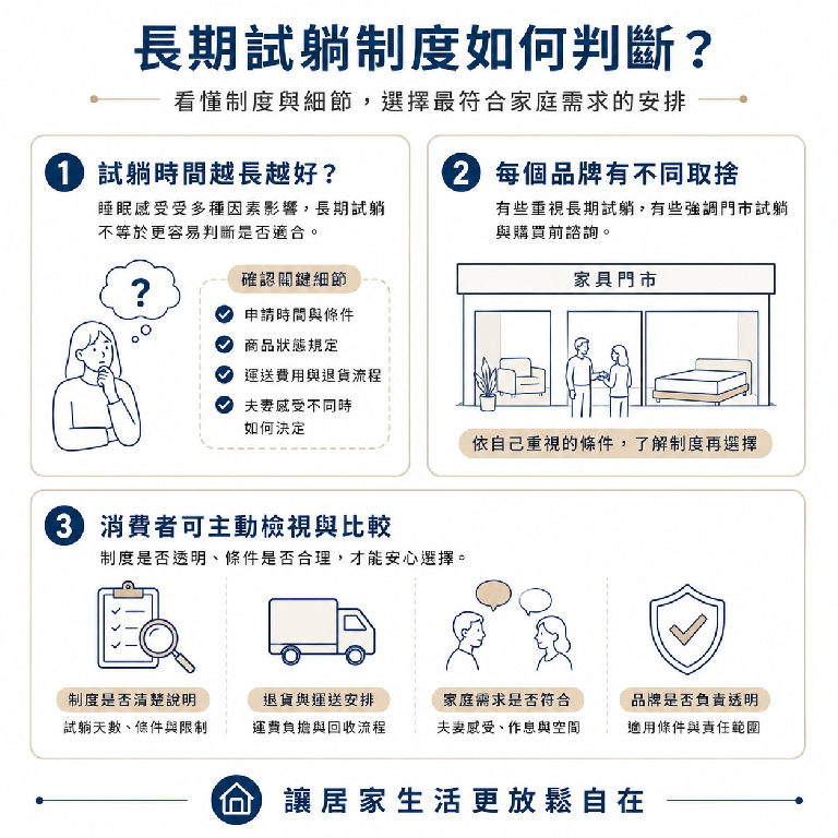 大漢家具提醒,不同品牌提供不同的試躺制度,消費者應依自己的需求選擇