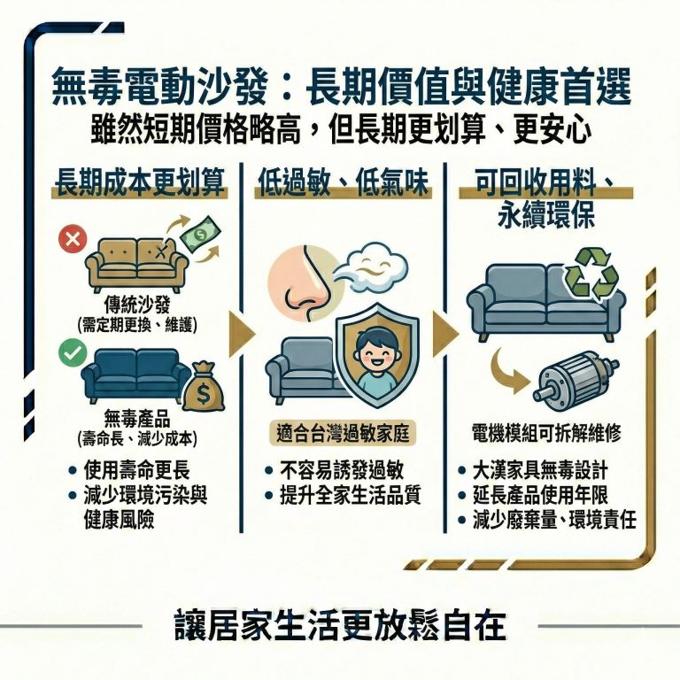 無毒電動沙發刺激性低，很適合臺灣這樣過敏兒多的地方