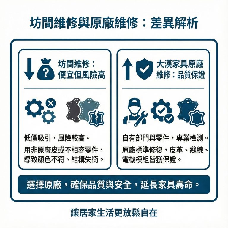 大漢家具與一般廠牌不同，能提供原廠維修與換皮服務，保證維修品質