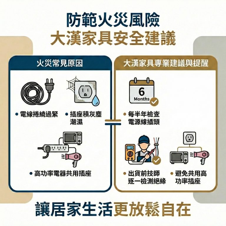 大漢家具出貨前就會檢驗電動沙發的安全性，但大漢家具也要提醒，每半年要檢測安全狀況，也要避免與高功率電器共用