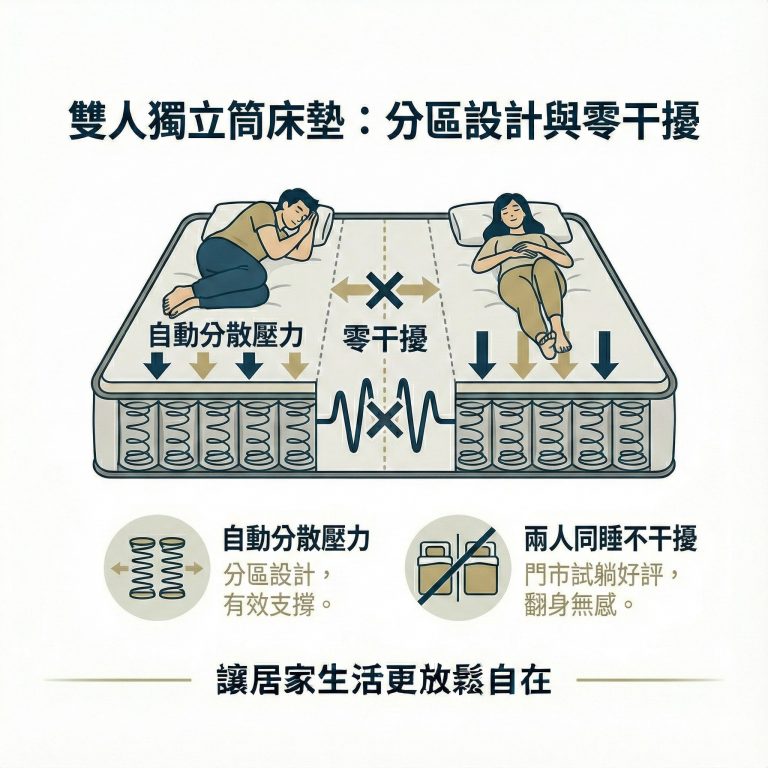 大漢家具的雙人獨立筒床墊採分區設計，不用擔心同睡互相干擾