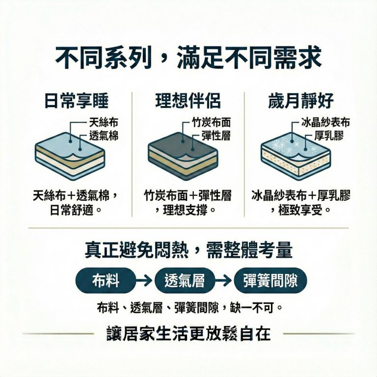 大漢家具不同系列獨立筒床墊搭配不同表布，可以適應不同族群的需求，也不用擔心臺灣悶熱的天氣