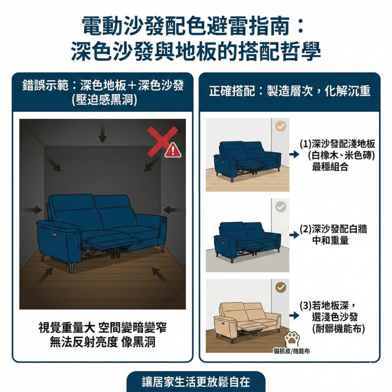 很多人喜歡深色沙發，卻忽略家中裝潢色系，就容易顯得壓迫感太重，如果要挑深色沙發，建議要放在淺色系的房間較合適