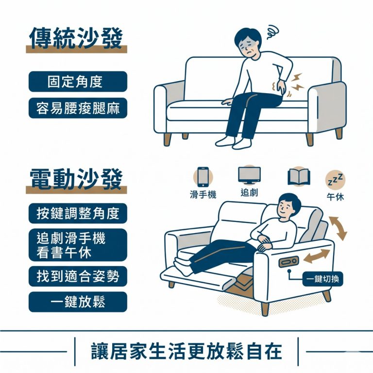 電動沙發跟傳統沙發最大的差別就是可以一鍵調整姿勢，無論是誰要坐都可以調整到自己喜歡的姿勢