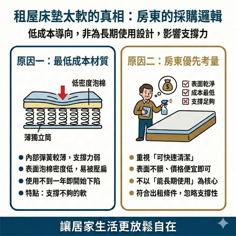 房東在買床墊時會重視的是低成本和可快速清潔，不會以軟硬舒適度會優先考量