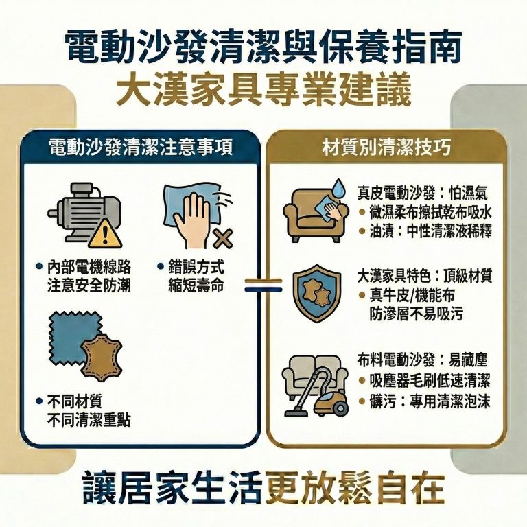 不同材質的電動沙發要對應到不同的清潔方式，大漢家具建議布料跟牛皮的電動沙發可以分別這樣清潔
