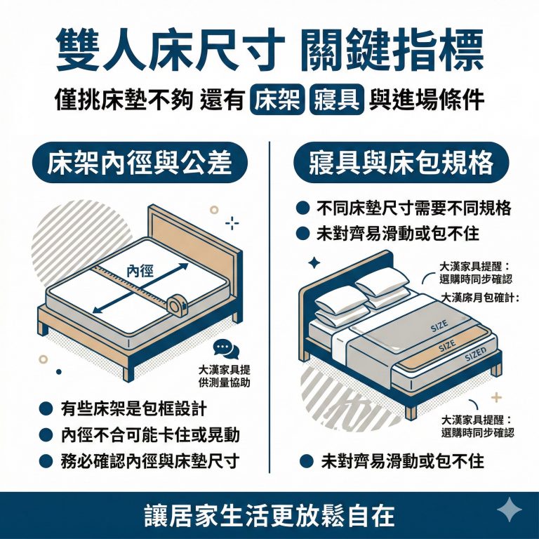 大漢家具提醒,在選購雙人床墊時,除了床墊本身尺寸外,還要注意床架內徑以及床包等寢具大小