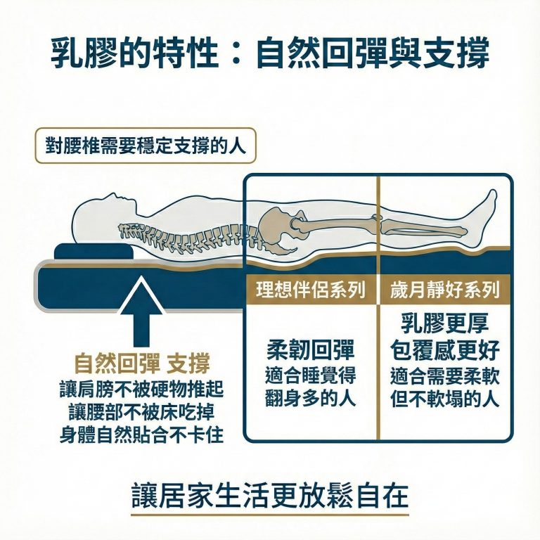 乳膠可以提供自然回彈與支撐,而大漢家具的理想伴侶、歲月靜好系列都有乳膠層,可以依自己的需求挑選合適的產品