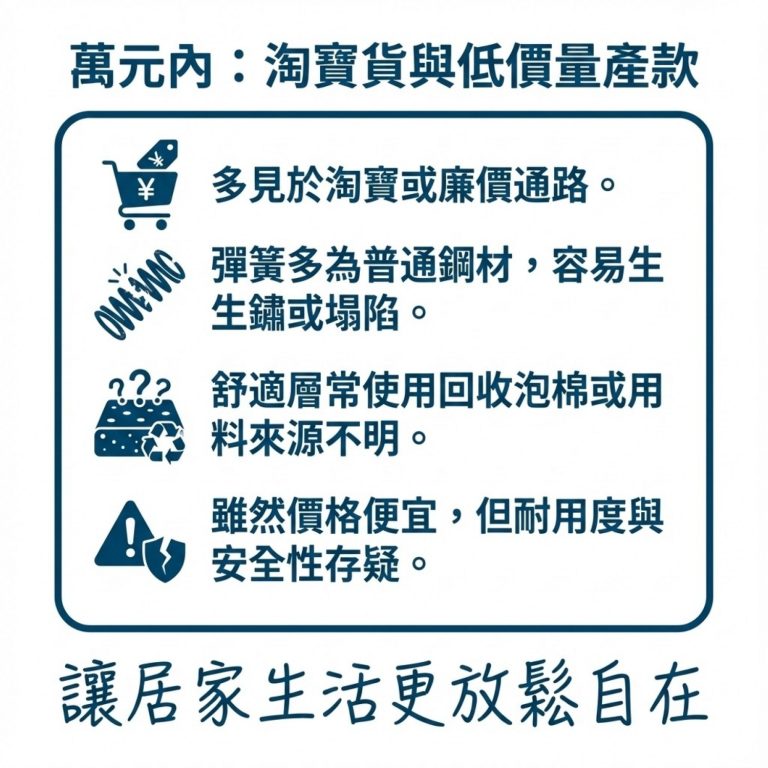 在淘寶或是市面上可以買到萬元以內的獨立筒床墊，價格雖然便宜，但品質相對也會較差
