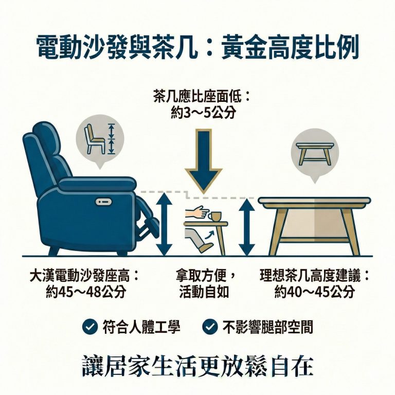 大漢家具建議，電動沙發搭配的茶几高度，應比電動沙發座面低約3～5公分