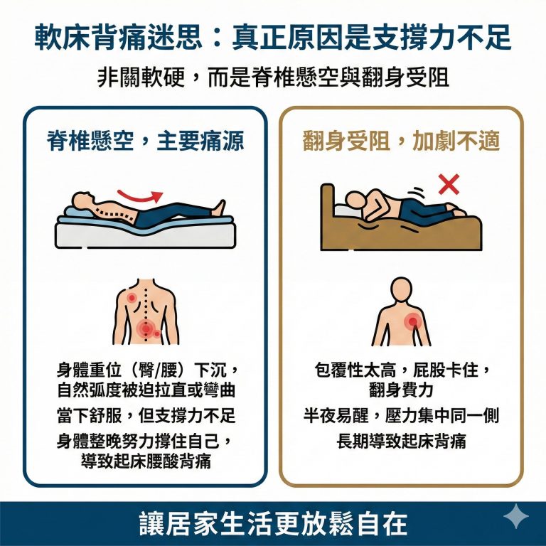 床太軟背痛的原因其實是缺乏支撐,若支撐力足夠,軟床也不需要擔心背痛問題