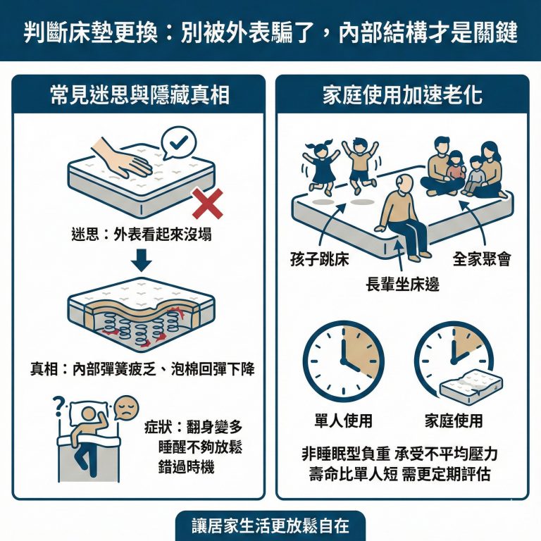 在判斷床墊是否該更換時,需要綜合使用方式與身體感覺來判斷