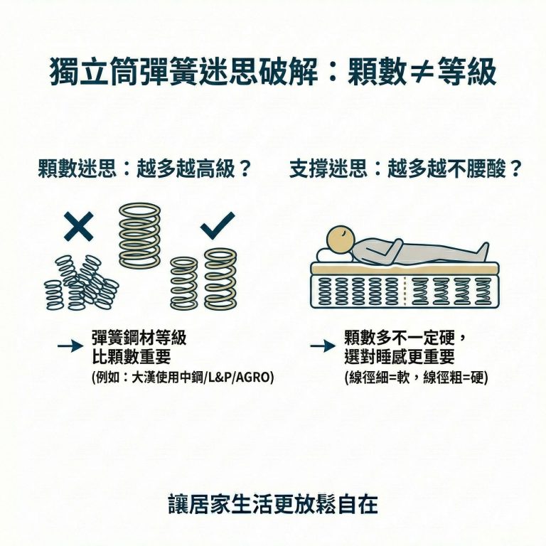獨立筒彈簧的顆數數量不是唯一重點，而是要看整體設計、線徑粗細、彈簧鋼材品質等