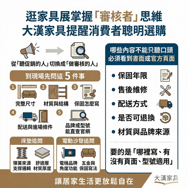 大漢家具提醒消費者,在家具展現場可以把自己當作「審核者」,不確定就先問這五件事