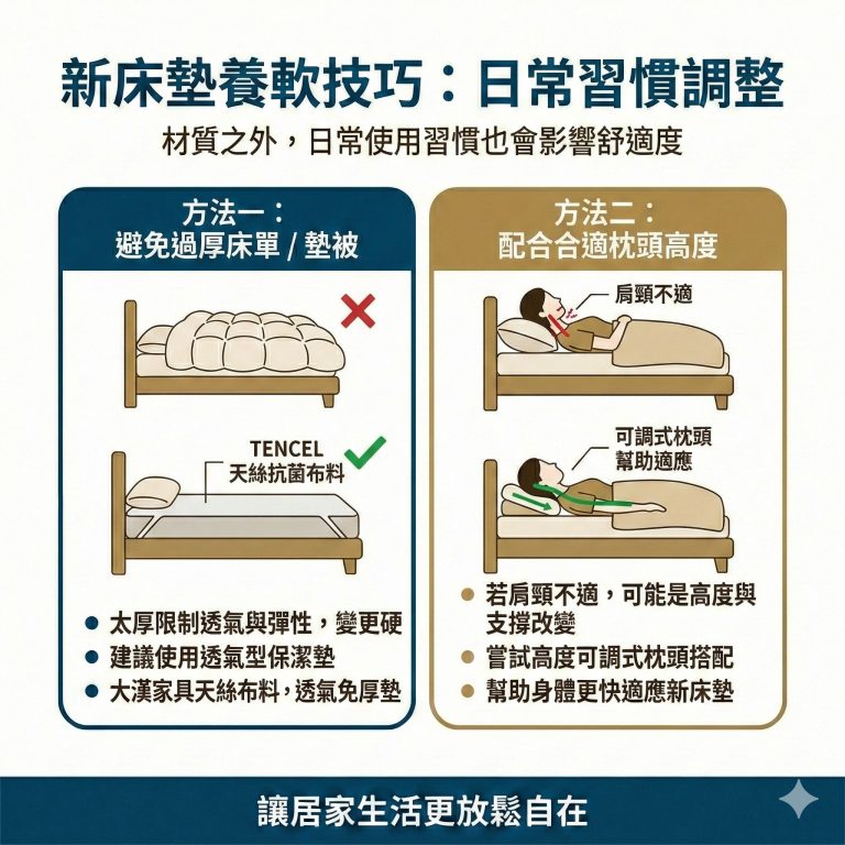 大漢家具提醒,除了軟硬度以外,枕頭高度跟床單也可能影響睡感