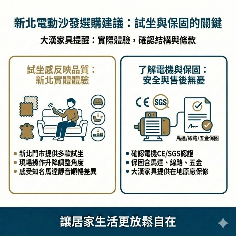 大漢家具電動沙發在新北設有實體展示空間，可以試坐，也能現場確認材料的安全認證