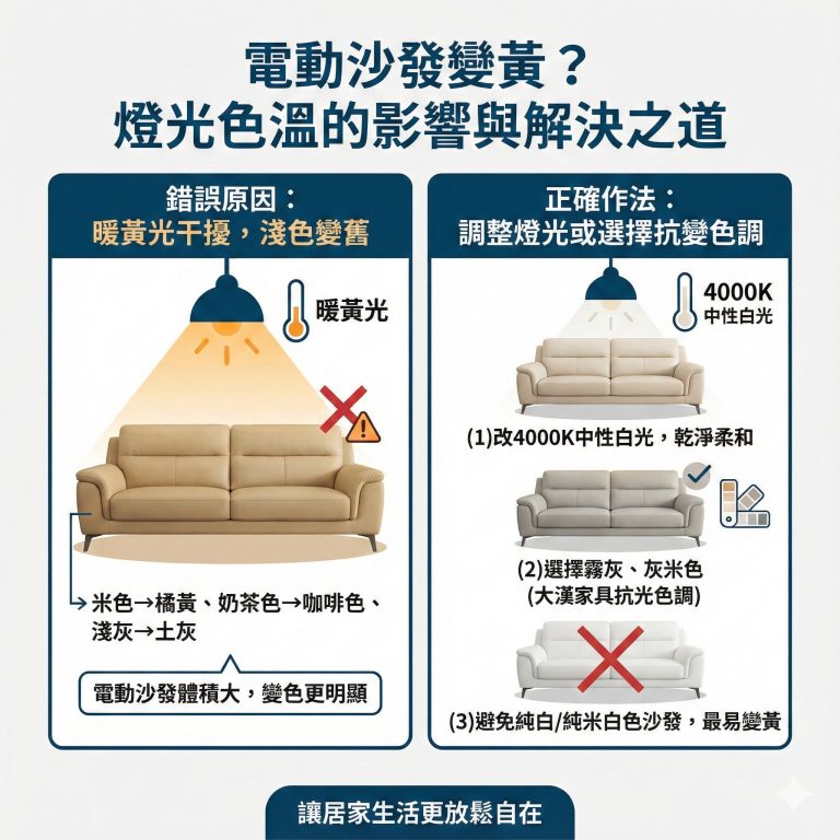 如果電動沙發選了淺色系，但家中燈光偏黃，容易讓沙發看起來很舊，建議可以用白光搭配淺色系沙發，或是挑選能適合黃光的沙發配色
