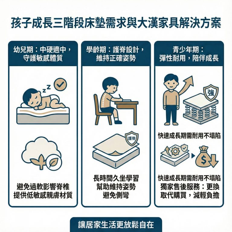 大漢家具針對不同年齡層孩子的需求，提供不同的獨立筒床墊選擇，若孩子長大了需求改變，大漢家具也提供更換舒適層的服務