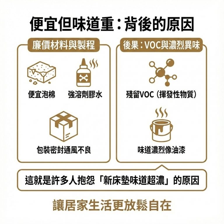有些便宜床墊為了節省成本會使用較差的材料，因此新床墊味道才會那麼重