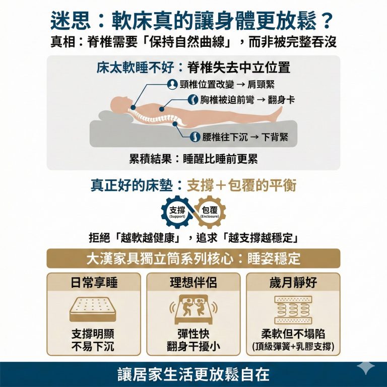 大漢家具強調，床墊不是越軟越好，要像大漢家具三大獨立筒床墊系列一樣，在支撐跟舒適間取得平衡才能長久睡得好