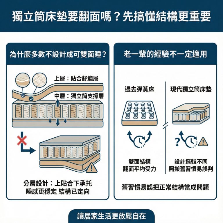 床墊要翻面才能睡得久基本上是基於過去傳統彈簧床得來的經驗,但這並不適用於多數的獨立筒床墊