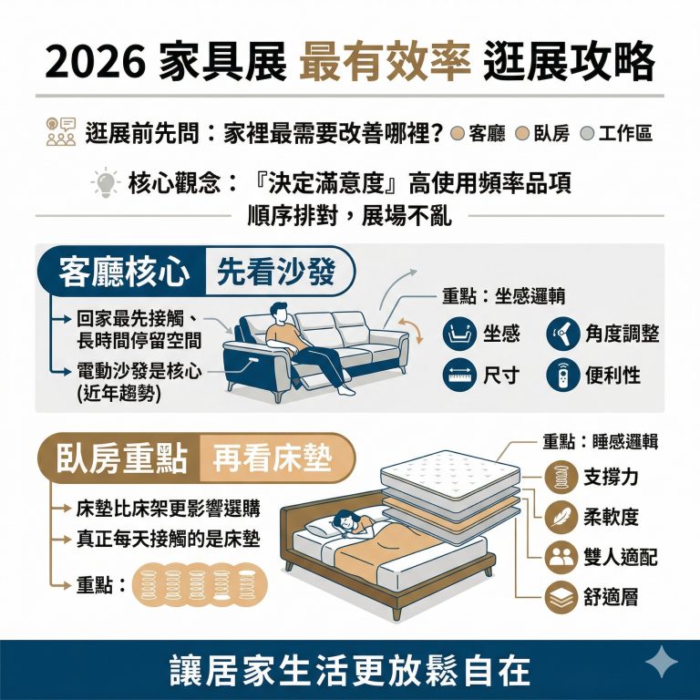 大漢家具建議,在逛家具展時,可以先看客廳核心的沙發,還有臥室核心的床墊,才不會沒有方向