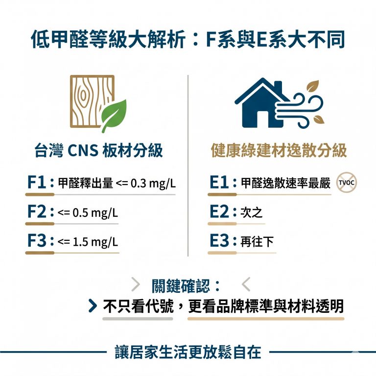 大漢家具提醒，台灣常見的甲醛等級標準有分成板材的F系與綠建材的E系，消費者在選購時可以多留意