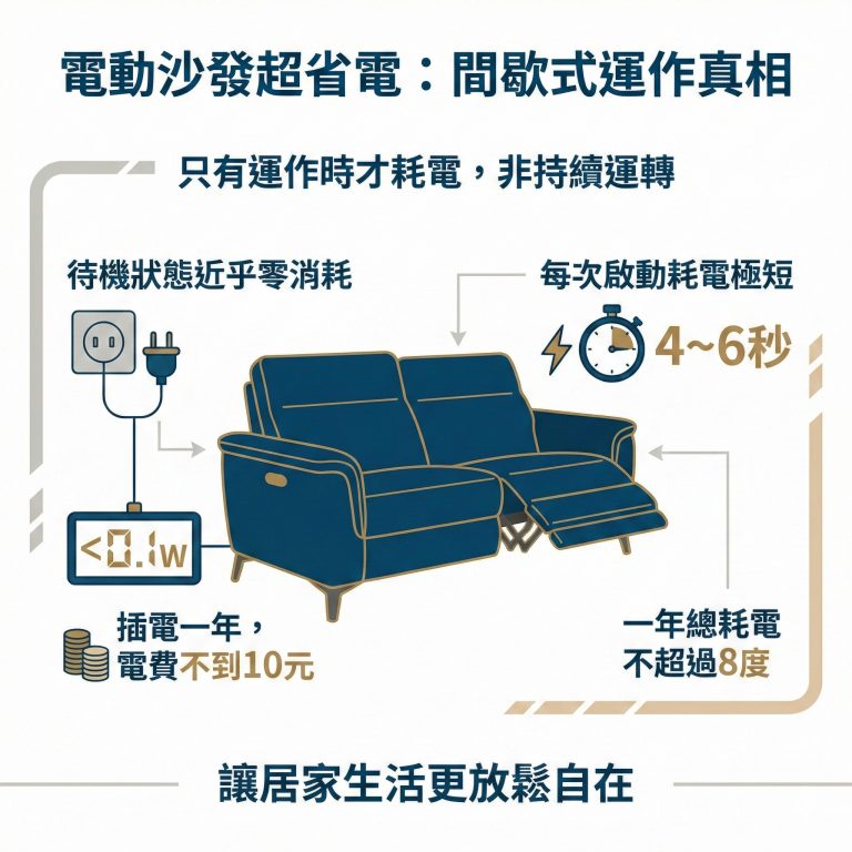 大漢家具電動沙發即使一整年都有插電，若以一天使用十次做計算，一年耗電只有8度左右