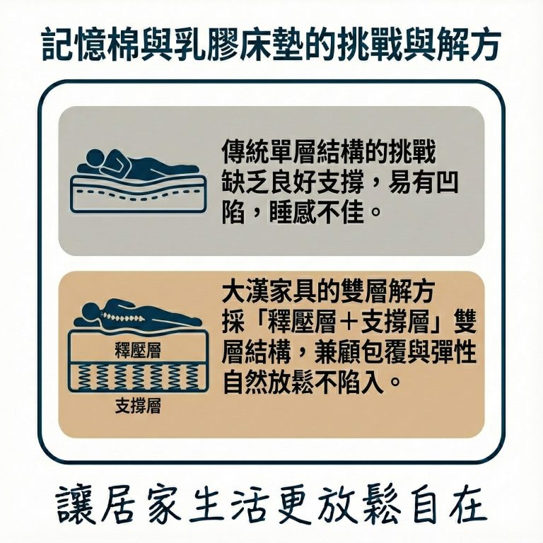有些床墊只有記憶棉或乳膠層，反而容易導致凹陷問題，但大漢家具的床墊經設計，兼顧包覆與彈性，讓你用的放心