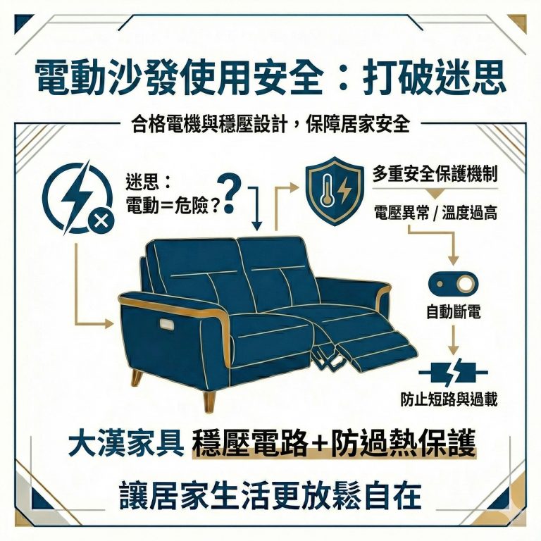 大漢家具電動沙發有穩壓電路與防過熱保護設計，維護使用者安全