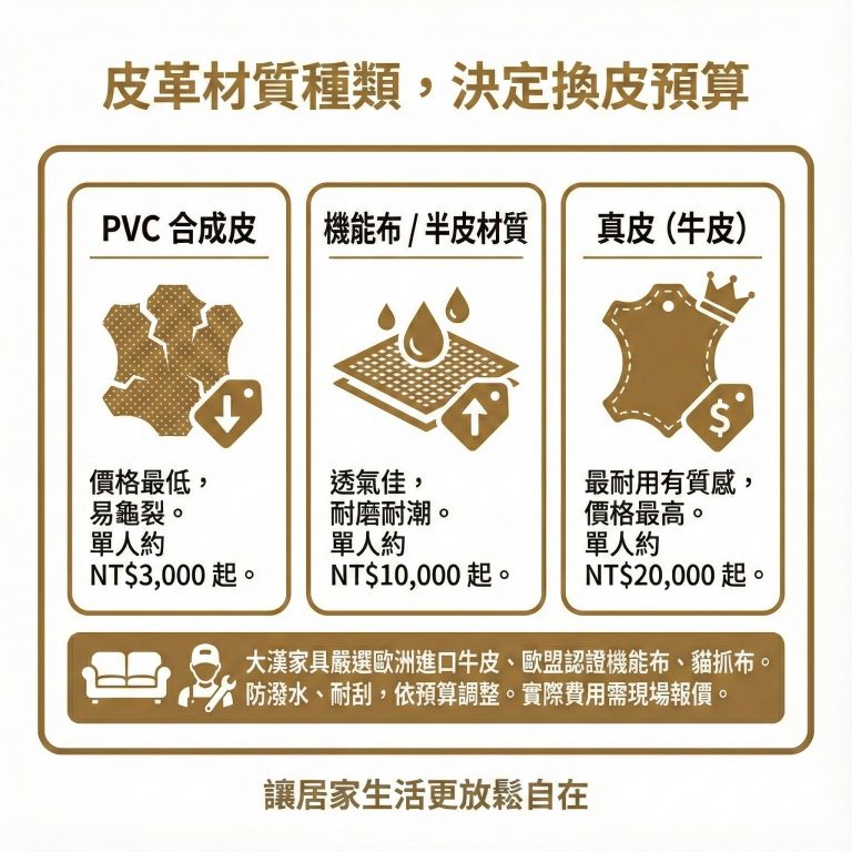 每張電動沙發使用的表布材料、毀損狀況都不同,所以實際換皮費用還是需大漢家具派員到現場進行評估