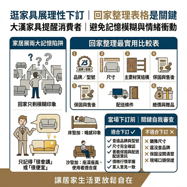 大漢家具提醒,去完家具展後回家可以把這些資訊整理成表格,方便自己做決定