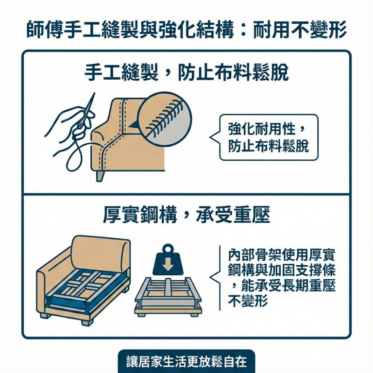 大漢家具自有系列的電動沙發，師傅會手工包邊縫製，防止布料鬆脫，更採用穩定骨架，讓你坐得安心