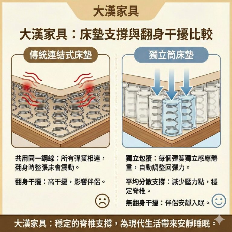 獨立筒床墊每個獨立筒分別運作，可以避免傳統彈簧兩人同睡時的干擾