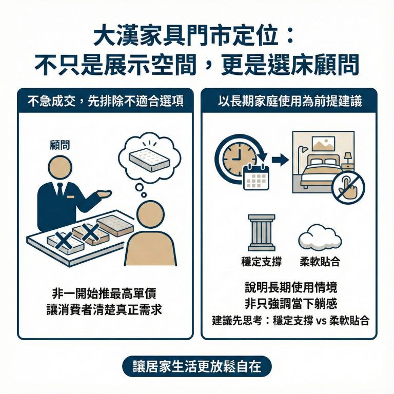 大漢家具門市人員會從長期使用需求來為你推薦最適合的床墊，大漢家具也建議消費者可以先思考自己想要的睡感，門市人員能更快為你找到適合的床墊