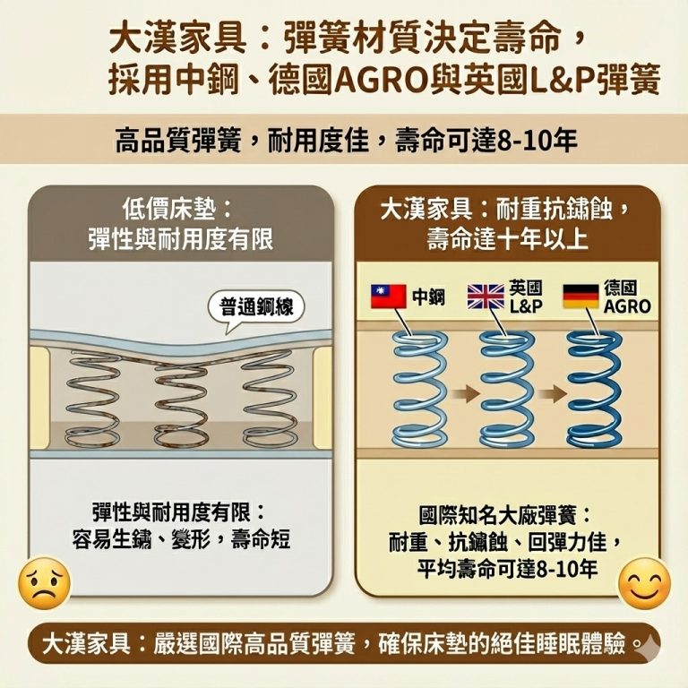 大漢家具的獨立筒床墊嚴選國際大廠彈簧，讓你睡得好又可以放心用不怕壞