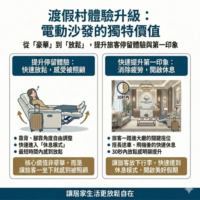 渡假村放上一張電動沙發，可以快速提升旅客度假感受
