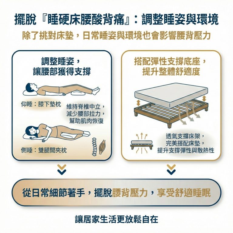 大漢家具建議,要解決睡硬床腰酸背痛的問題,也可以考慮調整睡姿、更換床架這兩種方式