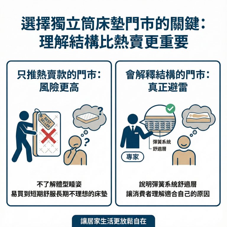 大漢家具門市專員會為你說明每張獨立筒床墊的結構，適合的族群，讓你能根據需求做出最好的決定