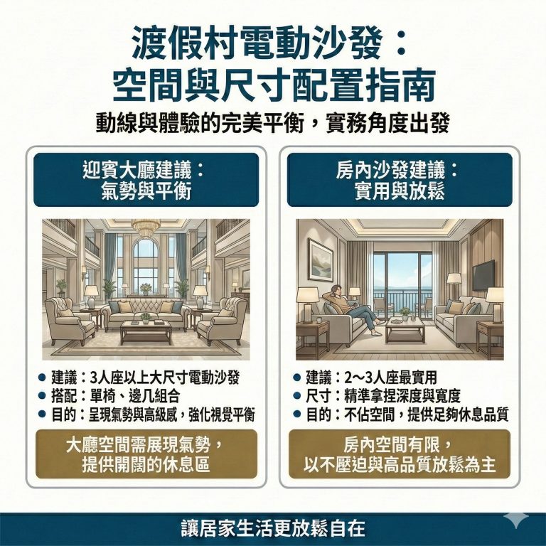 渡假村的電動沙發尺寸跟配置，大漢家具建議可以這樣抓