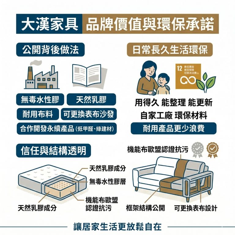 大漢家具的品牌價值是把環保從製程就開始落實，也承諾使用無毒水性膠、低甲醛材料