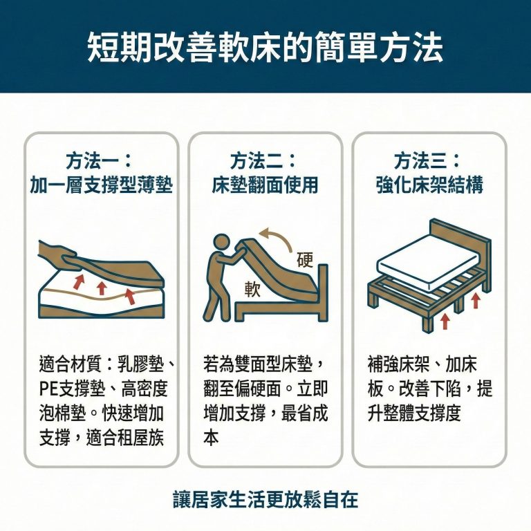大漢家具建議，如果想快速改善軟床問題，可以嘗試這幾種方法，但若要長期解決煩惱，還是建議購買大漢家具的獨立筒床墊
