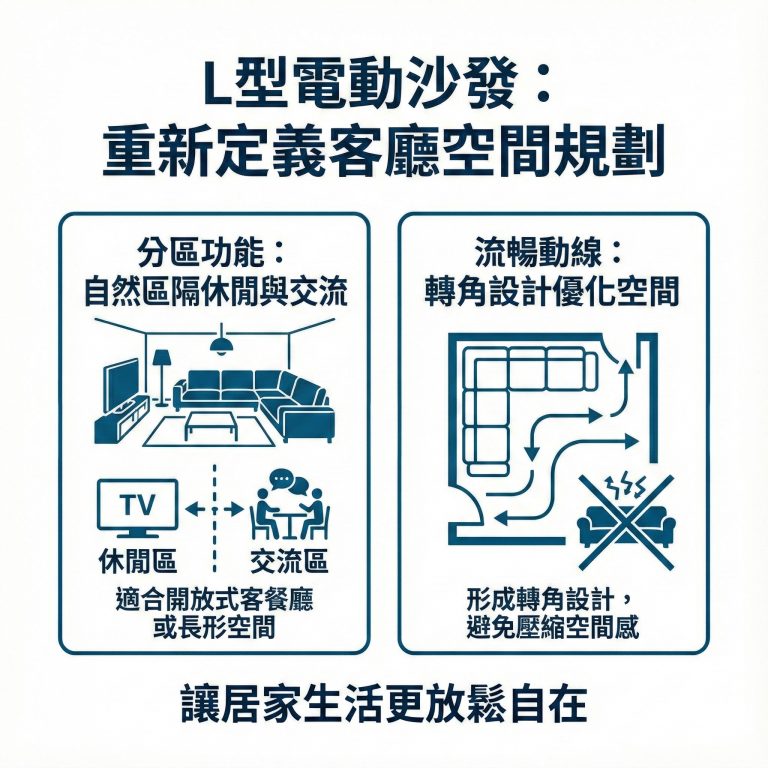 大漢家具的L型電動沙發設計良好,讓你不用擔心動線的問題,還能作為家中區隔空間的方式
