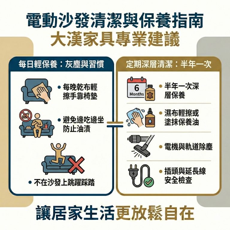 大漢家具建議，每日可以為電動沙發簡單清潔，每半年可以做深度保養