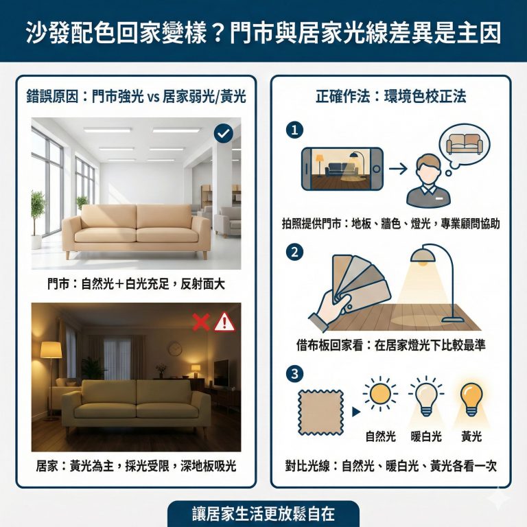 大部分家具店的燈光都會比家裡強很多，所以在家具店裡的配色感覺會跟在家裡不同，大漢家具建議可以拍下家中狀況，請門市人員協助，或帶色板回家比對