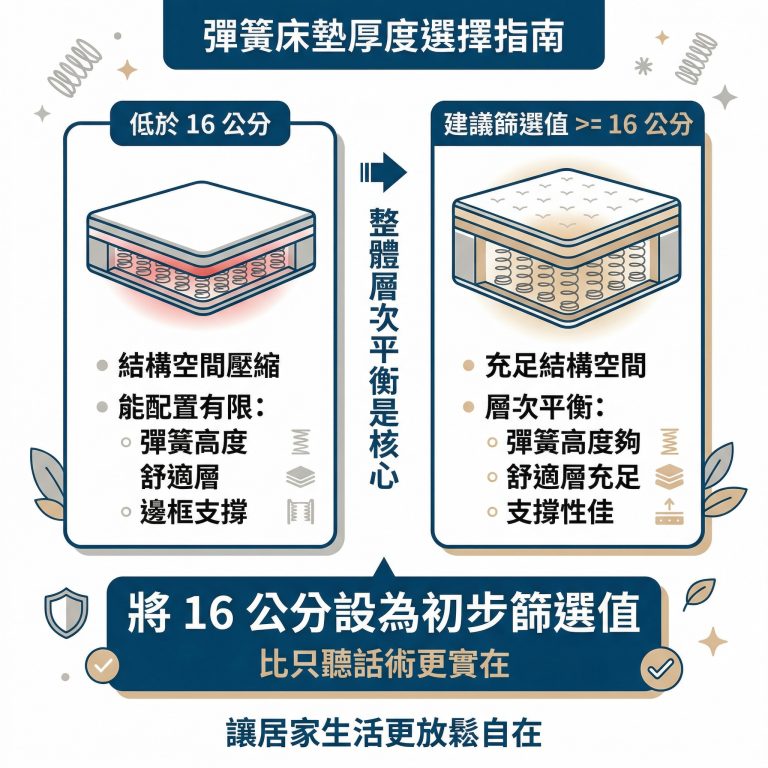大漢家具提醒消費者，可以把床墊厚度是否大於16公分，作為初步篩選方式